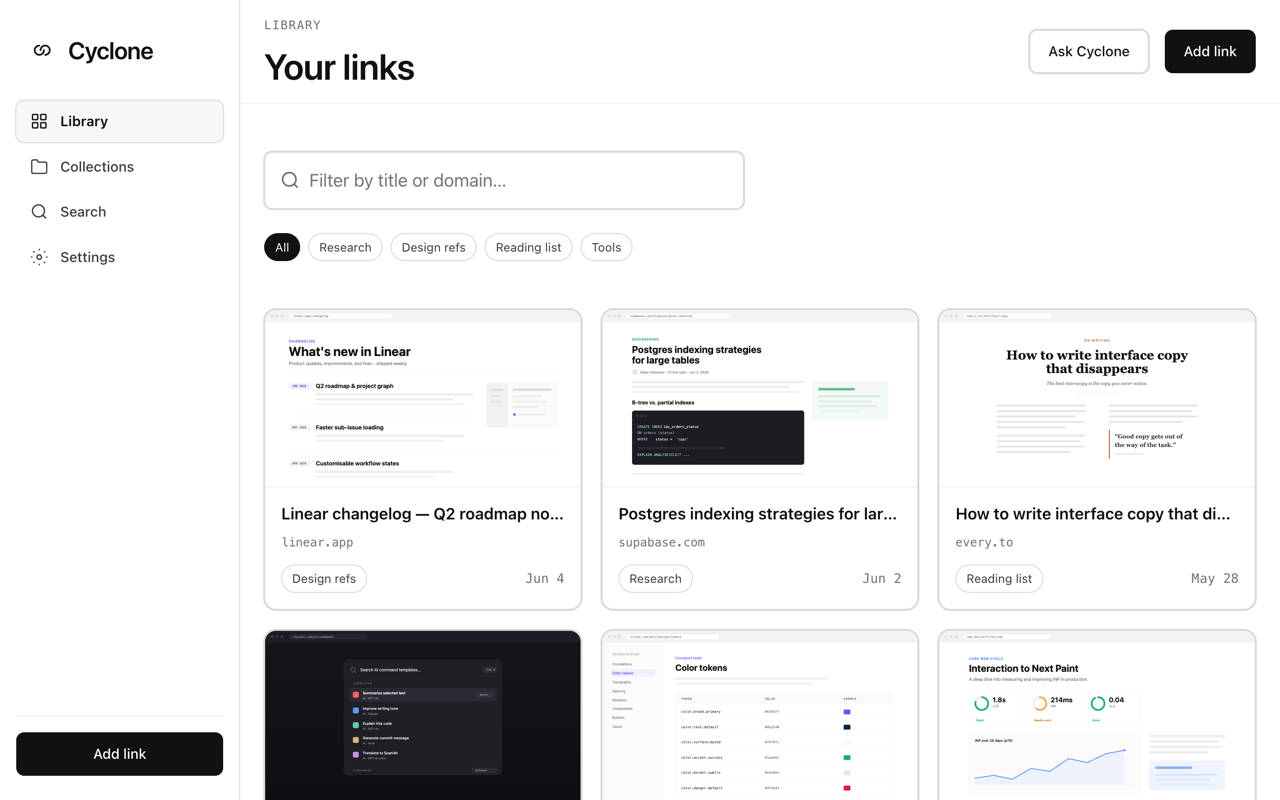Cyclone library showing a grid of saved links with full-page screenshot thumbnails