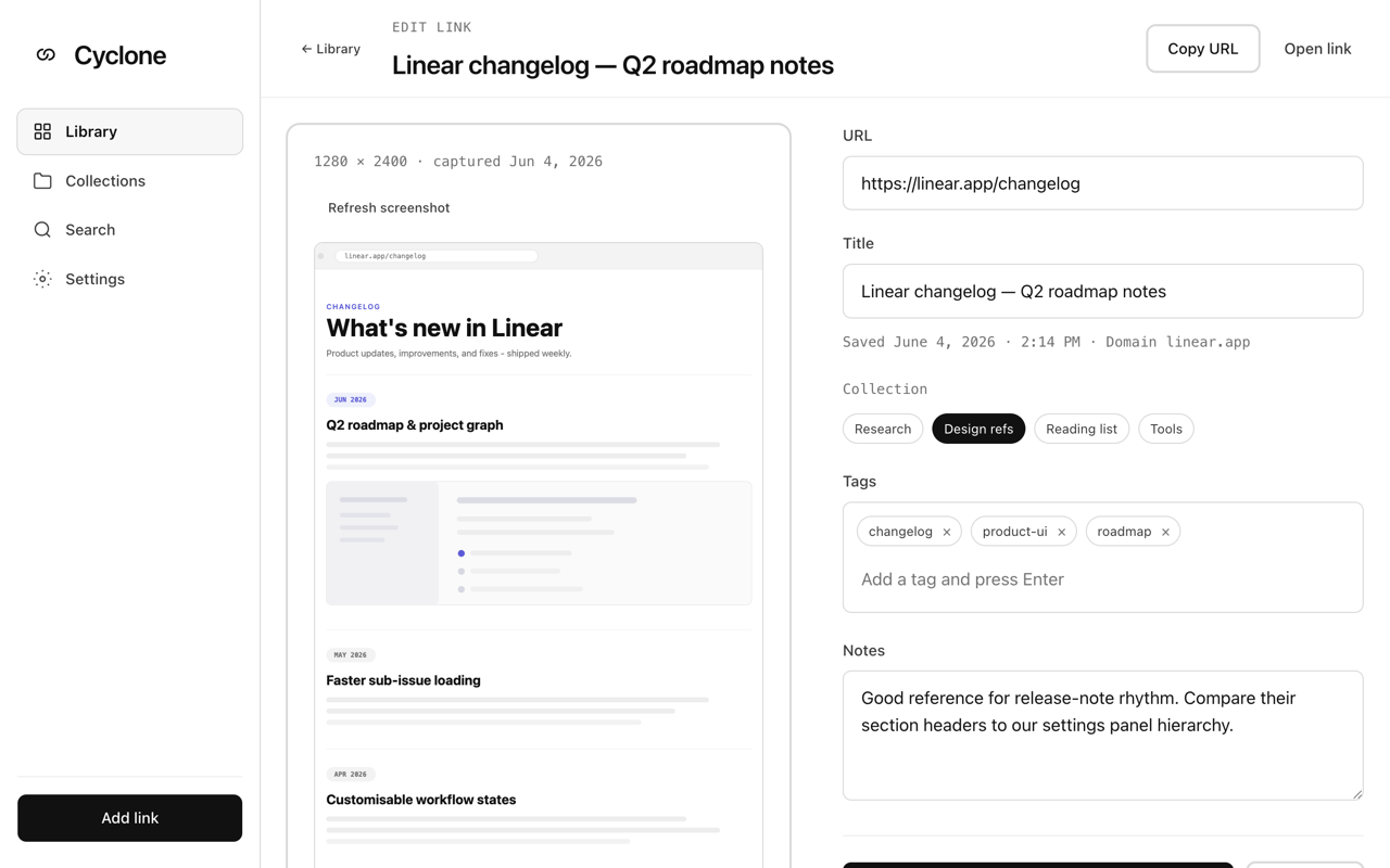 Cyclone link detail editor with the screenshot on the left and editable fields on the right